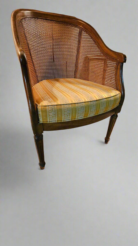 Cane-Back Wood Chairs – Vintage Striped Yellow Velvet Upholstered Dining or Accent Seating