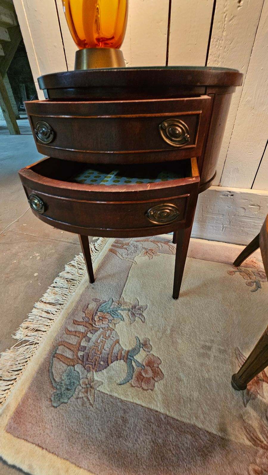 Round Glass Top Two-Drawer Vintage Table