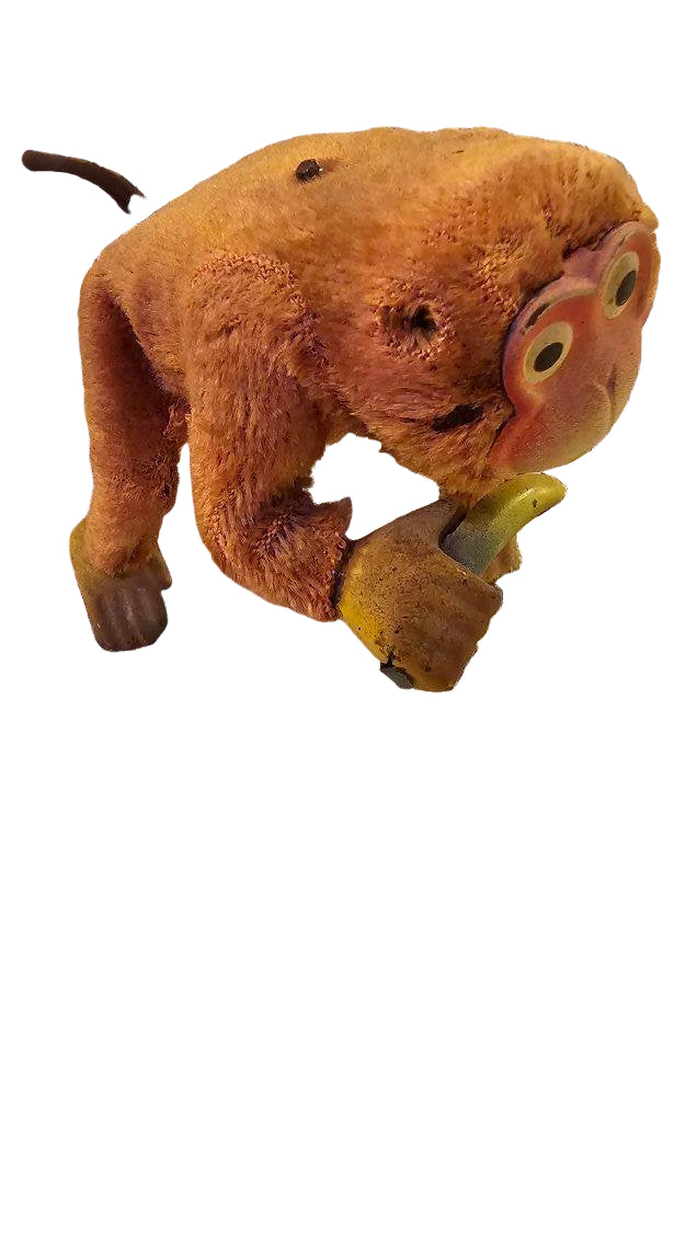 Mechanical Tin Monkey Toy – 1950s Wind-Up Walking Monkey with Banana