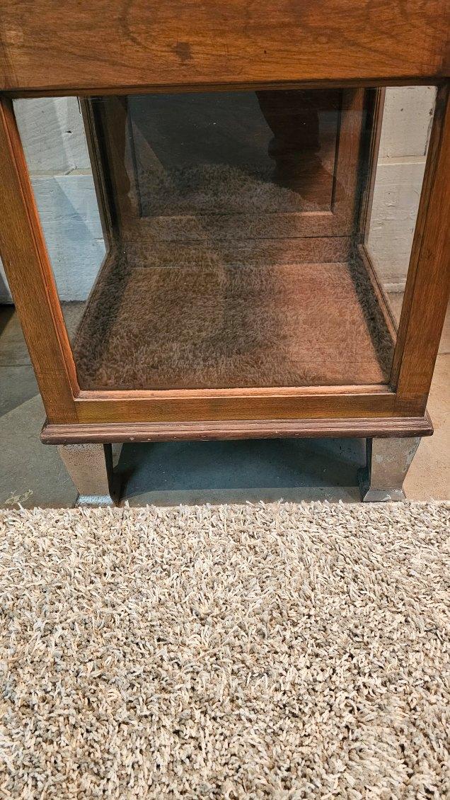 Pair of Antique Wood & Glass Display Cases – Early 20th Century Cabinets with Steel Toe Base