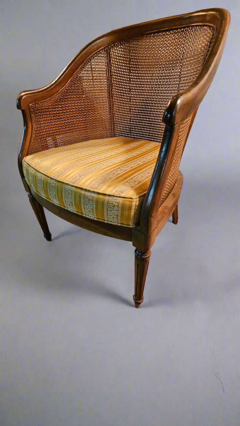 Cane-Back Wood Chairs – Vintage Striped Yellow Velvet Upholstered Dining or Accent Seating