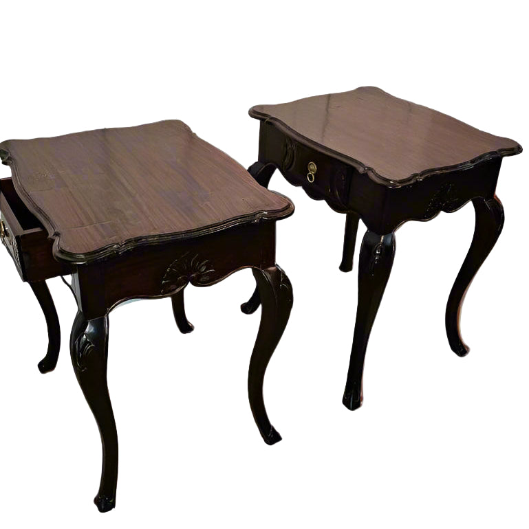 Accent Tables with Drawer – Pair of Scalloped-Top Wooden Side Tables