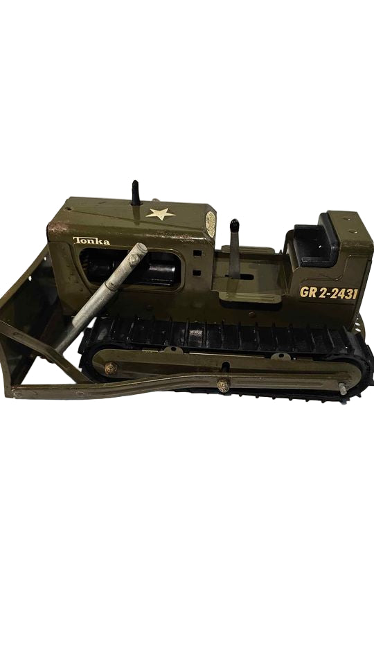 1960s Tonka Army Green Bulldozer – Vintage Pressed Steel Toy with Working Treads