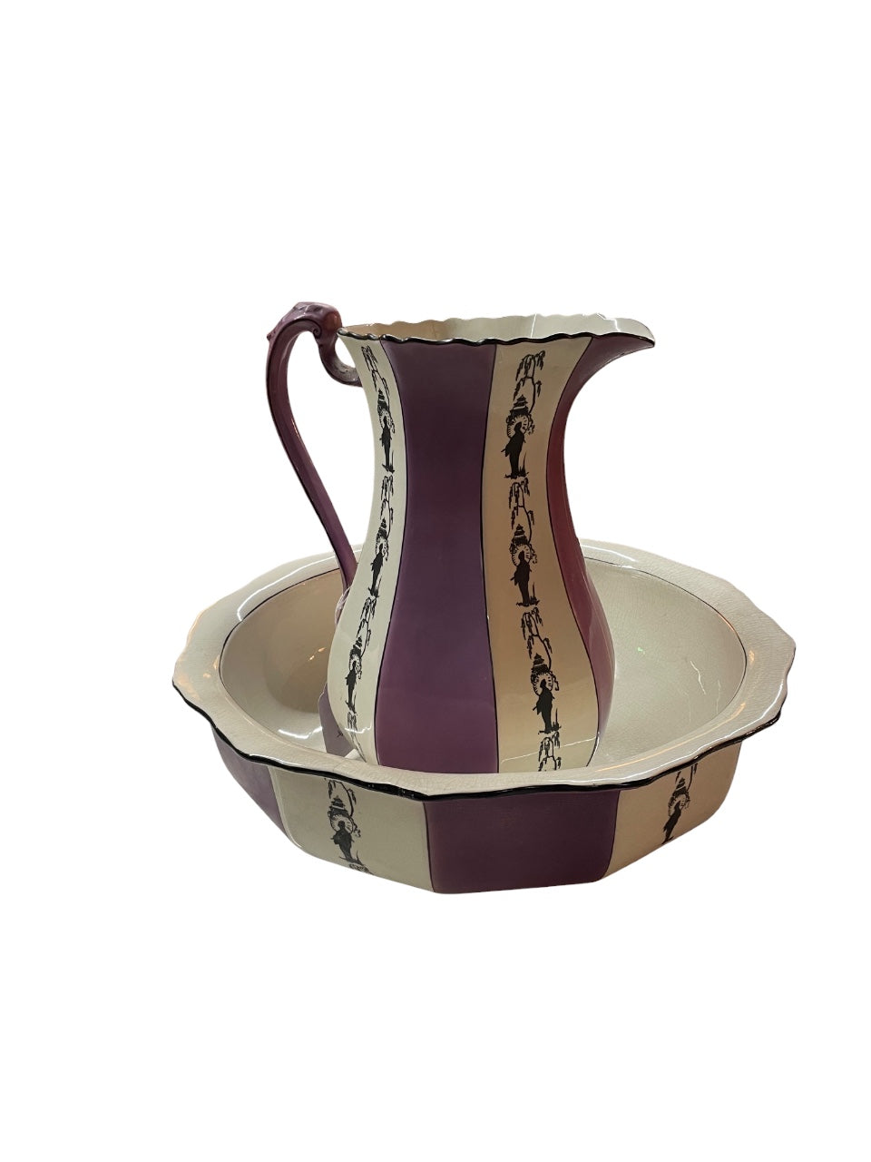 Purple and Black Silhouette Antique Wash Basin and Pitcher
