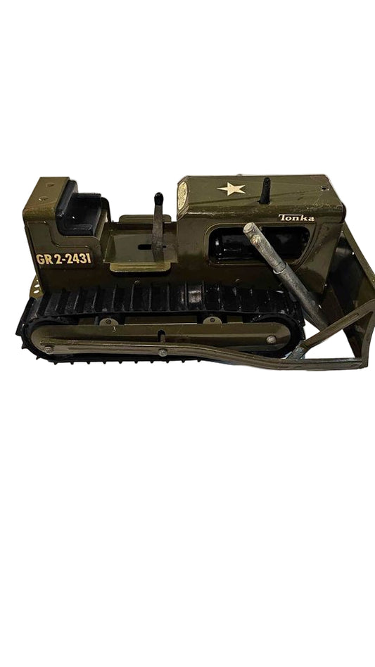 1960s Tonka Army Green Bulldozer – Vintage Pressed Steel Toy with Working Treads