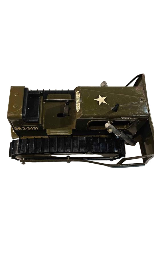 1960s Tonka Army Green Bulldozer – Vintage Pressed Steel Toy with Working Treads