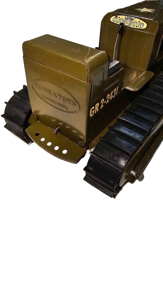 1960s Tonka Army Green Bulldozer – Vintage Pressed Steel Toy with Working Treads