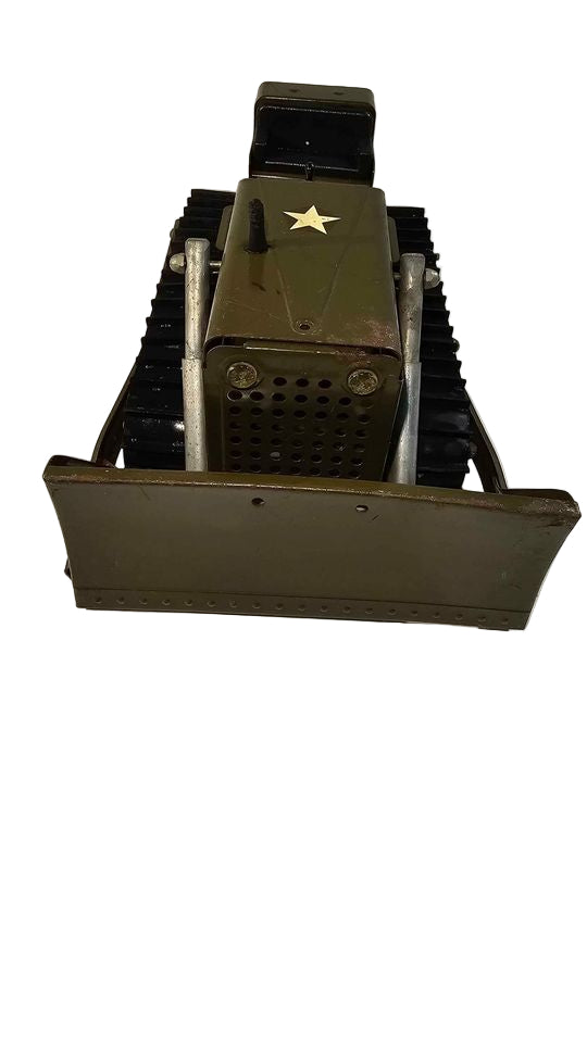 1960s Tonka Army Green Bulldozer – Vintage Pressed Steel Toy with Working Treads