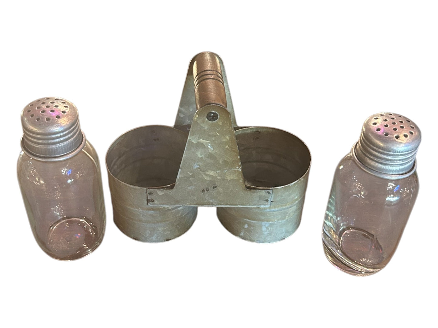 Galvanized Metal Caddy with Glass Salt & Pepper Shakers