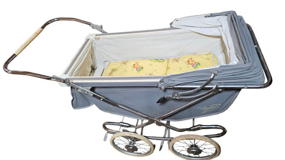1950s Baby Carriage Stroller – Retro Gray Pram with Chrome Frame & Nursery-Print Cushion