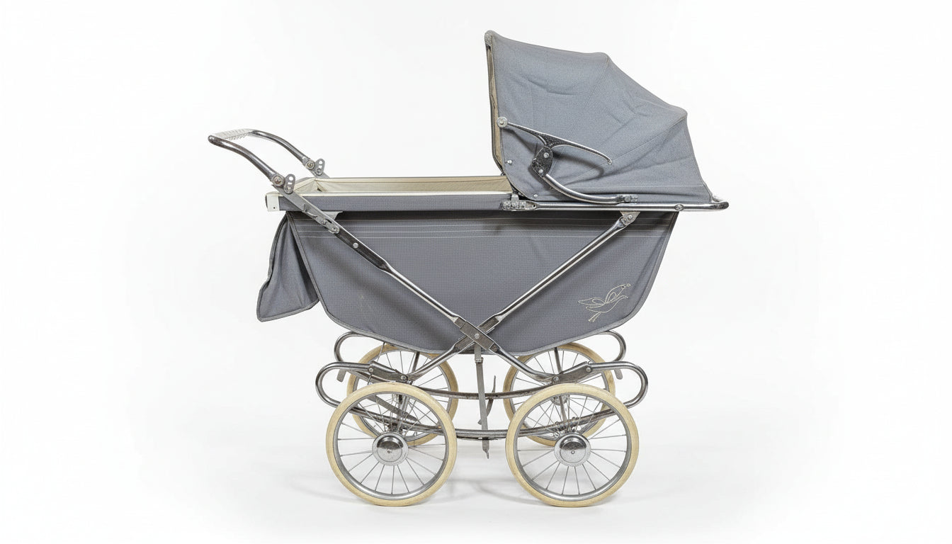 1950s Baby Carriage Stroller – Retro Gray Pram with Chrome Frame & Nursery-Print Cushion
