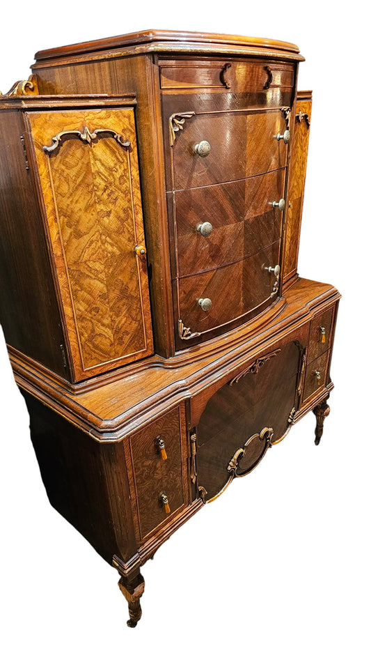 Waterfall Buffet & Highboy Set | Burled Walnut & Mahogany Veneer