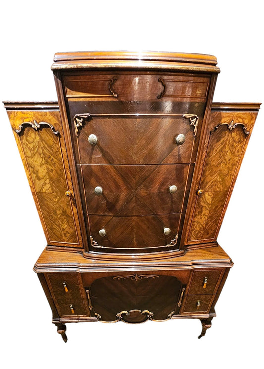 Waterfall Buffet & Highboy Set | Burled Walnut & Mahogany Veneer