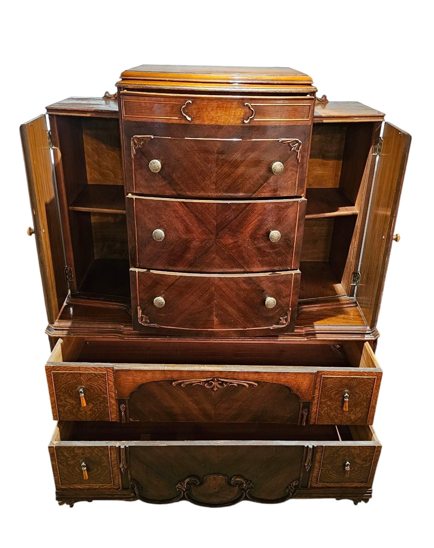 Waterfall Vanity Cabinet | Burled Walnut & Mahogany Veneer
