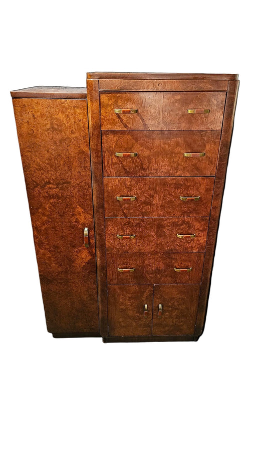 Burl Wood Wardrobe Chest with Brass Handles