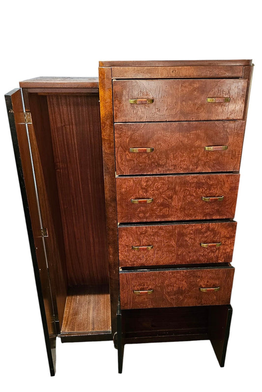Burl Wood Wardrobe Chest with Brass Handles