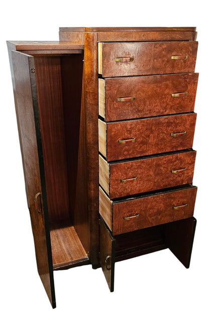 Burl Wood Wardrobe Chest with Brass Handles