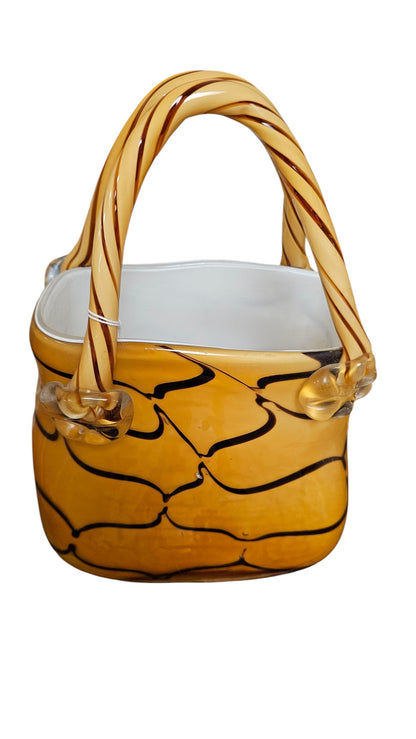 Murano Art Glass Basket – Vintage Yellow and Black Twisted Handle Centerpiece