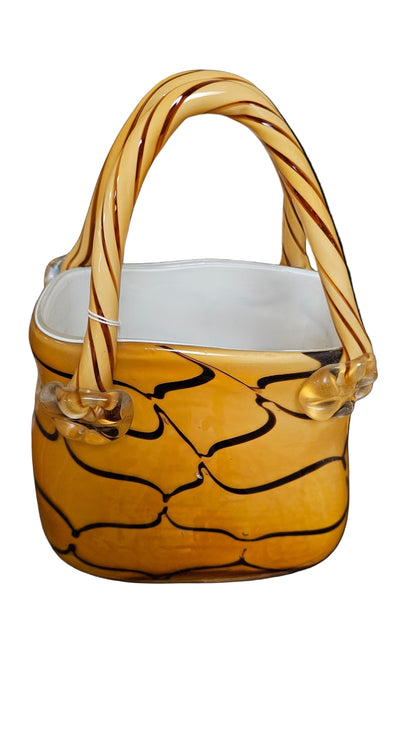 Murano Art Glass Basket – Vintage Yellow and Black Twisted Handle Centerpiece