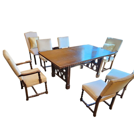 Carved Dining Table Set – French Renaissance Revival Table with 6 Upholstered Chairs