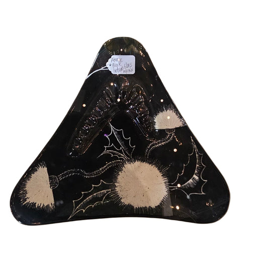 Vintage atomic triangular black glass ashtray with white and beige design – midcentury modern décor collectible
