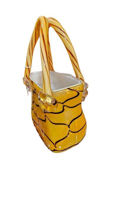 Murano Art Glass Basket – Vintage Yellow and Black Twisted Handle Centerpiece
