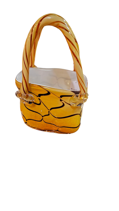 Murano Art Glass Basket – Vintage Yellow and Black Twisted Handle Centerpiece
