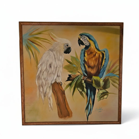 Tropical Parrot Painting – Blue and Gold Macaw & White Cockatoo Signed ‘Sallie’ (1970s)