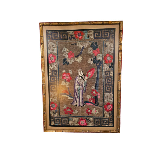 Chinese Silk Embroidery – Framed Scholar Under Flowering Tree with Bamboo Frame (Early 20th Century)