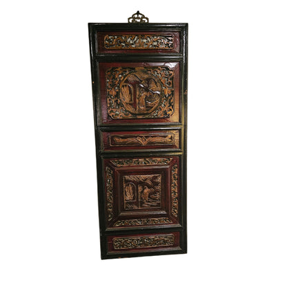 Chinese Carved Wood Panels – 19th Century Lacquered Wall Art with Gilded Relief