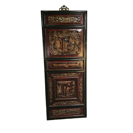 Chinese Carved Wood Panels – 19th Century Lacquered Wall Art with Gilded Relief