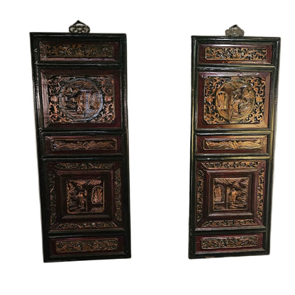 Chinese Carved Wood Panels – 19th Century Lacquered Wall Art with Gilded Relief