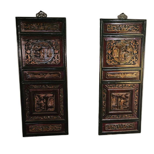 Chinese Carved Wood Panels – 19th Century Lacquered Wall Art with Gilded Relief
