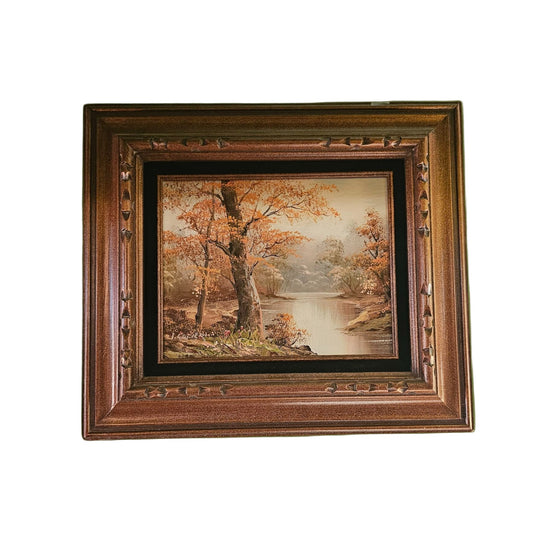 I. Cafieri Oil Painting – Autumn River Landscape in Ornate Wooden Frame