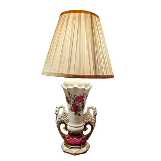 Table Lamp - Vintage Victorian Worrall Hand-Painted with Dual Swan Handles, Art Deco MCM