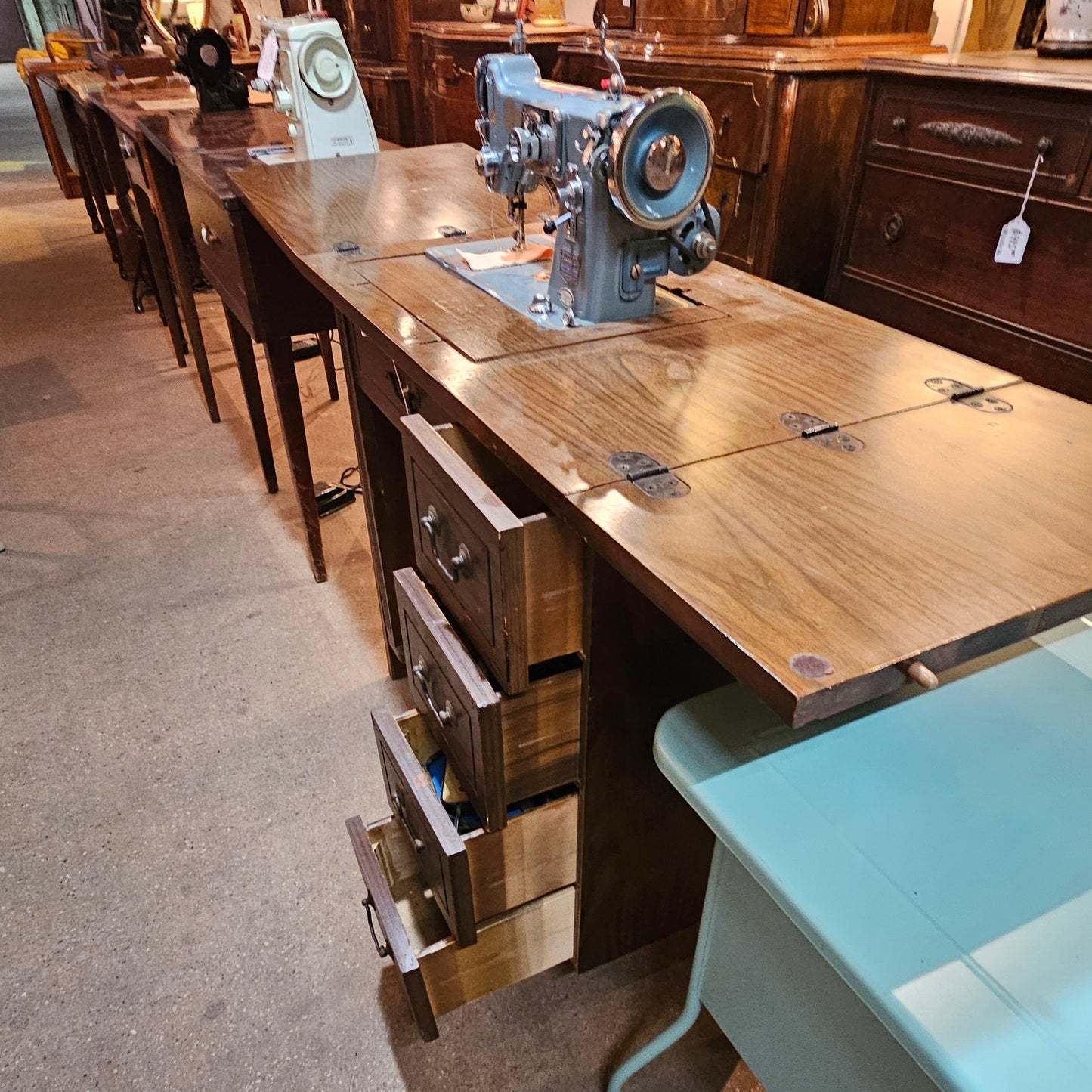 National Sewing Machine + Full Wood Cabinet (Blue Enamel)