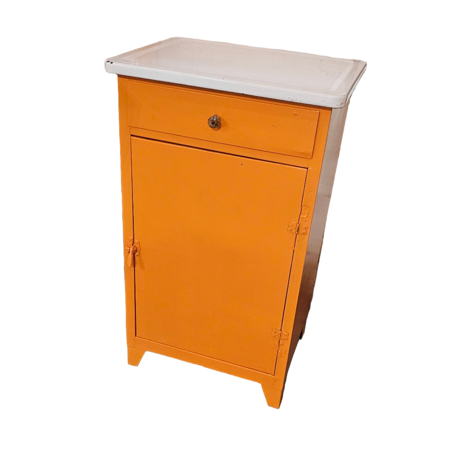Orange Metal Cabinet w/ White Enamel Top — Cheerful Mid-Century Storage