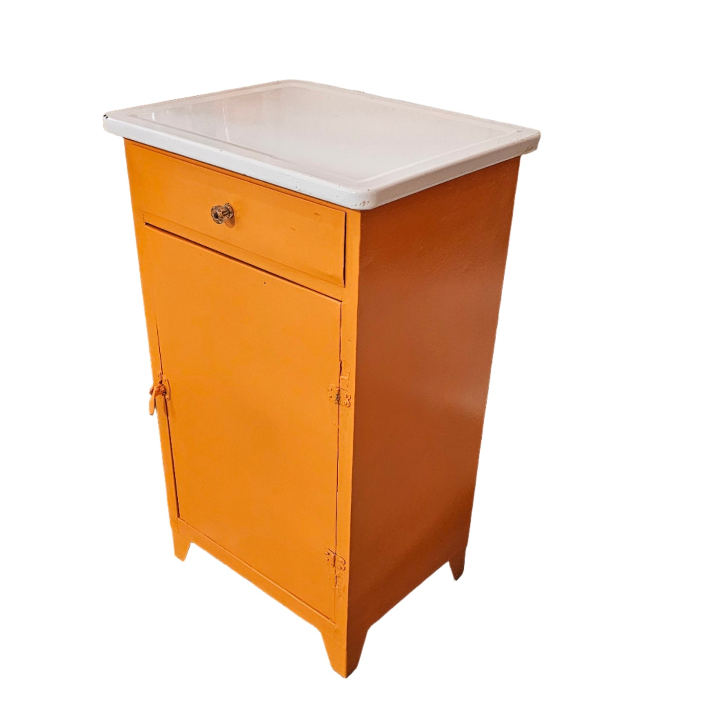 Orange Metal Cabinet w/ White Enamel Top — Cheerful Mid-Century Storage