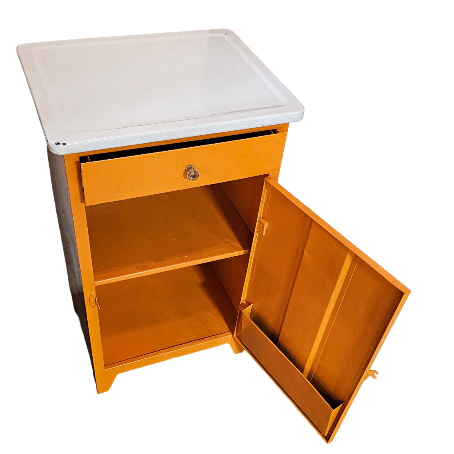 Orange Metal Cabinet w/ White Enamel Top — Cheerful Mid-Century Storage