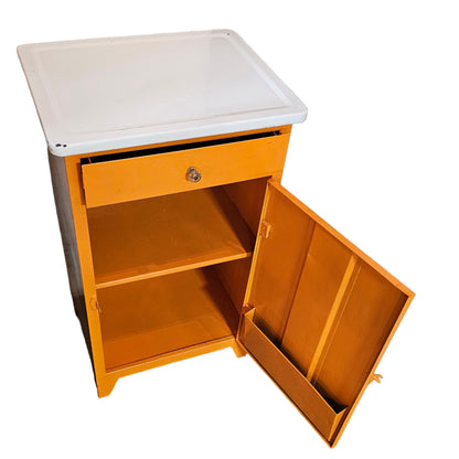 Orange Metal Cabinet w/ White Enamel Top — Cheerful Mid-Century Storage