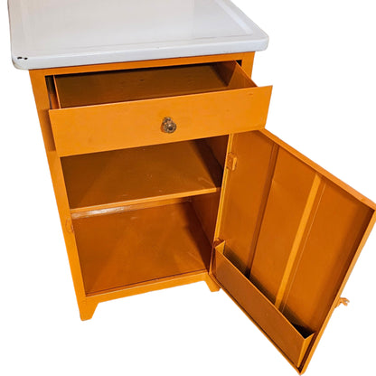 Orange Metal Cabinet w/ White Enamel Top — Cheerful Mid-Century Storage