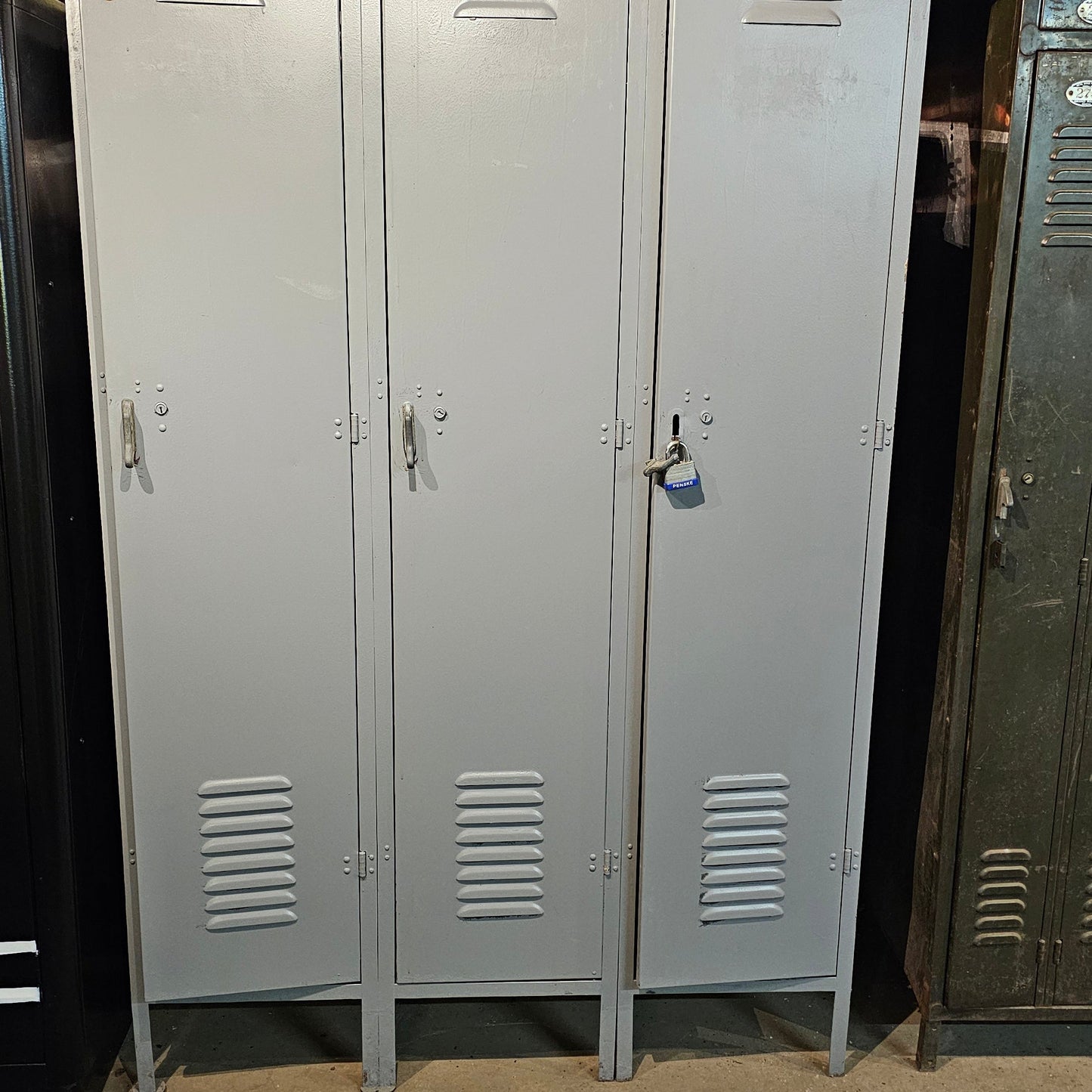 Industrial Grey Metal Locker Trio