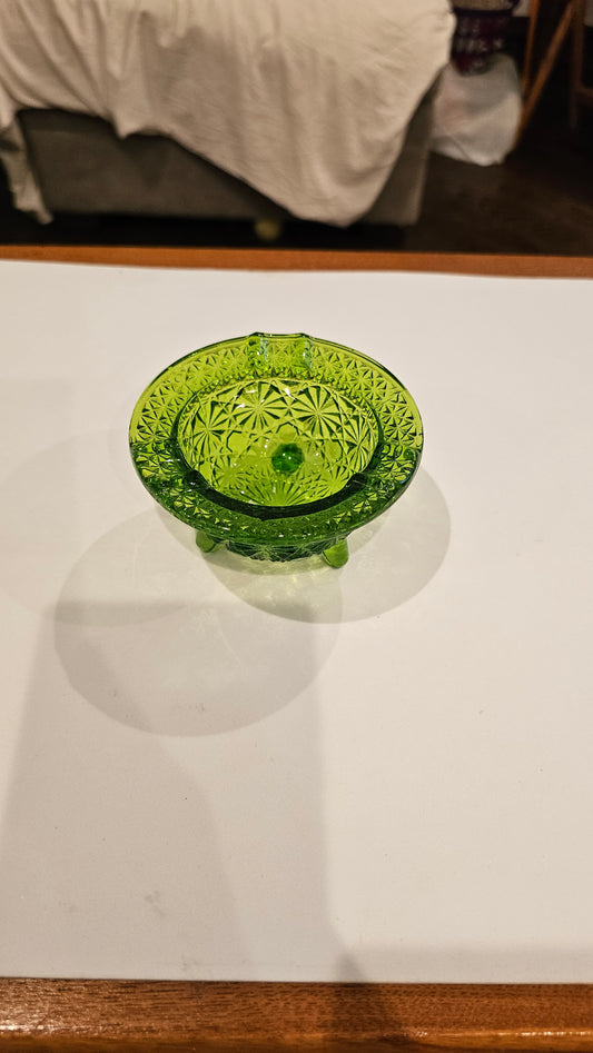 Green Pressed Glass Daisy-Cut Ashtray