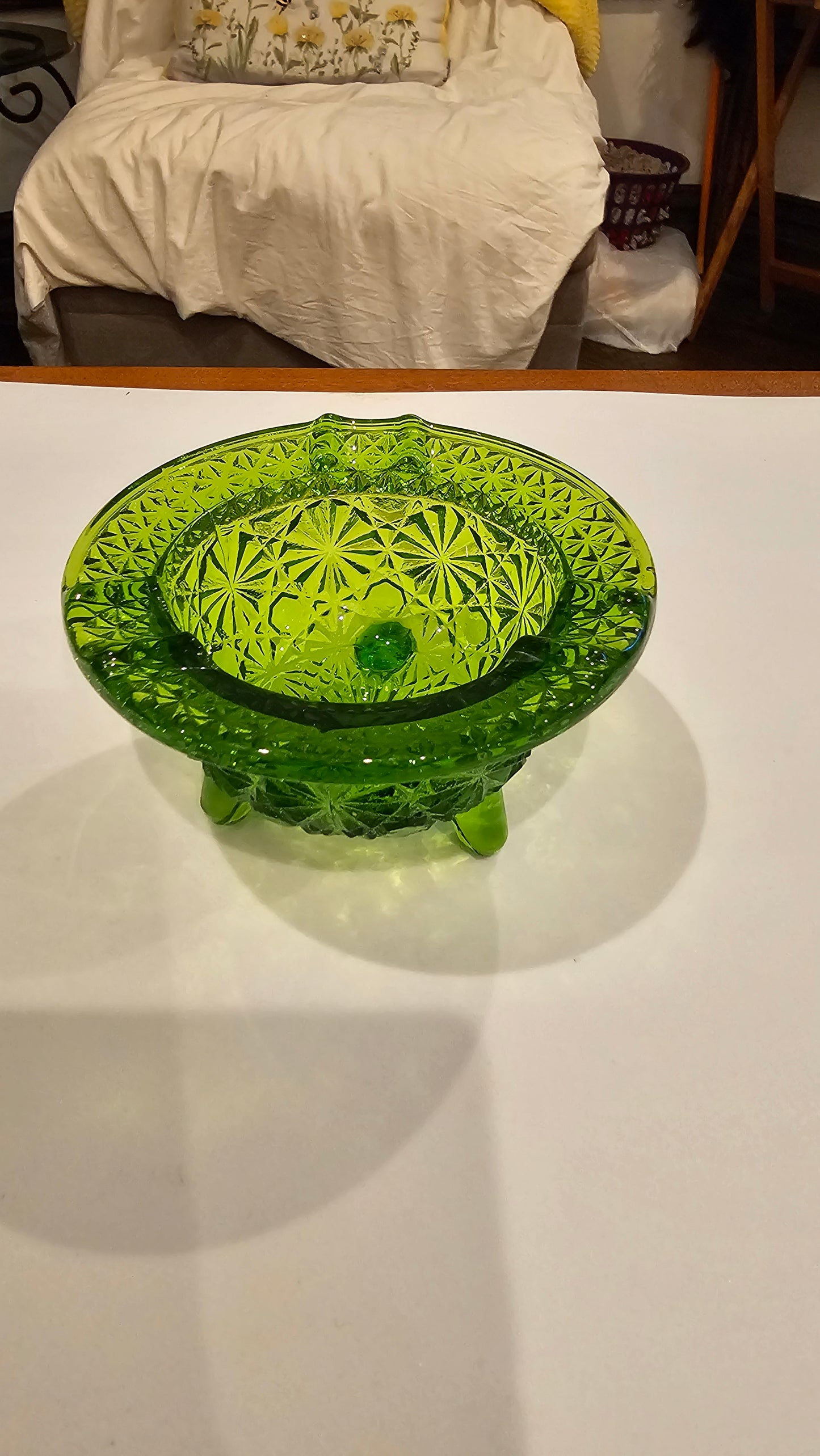 Green Pressed Glass Daisy-Cut Ashtray