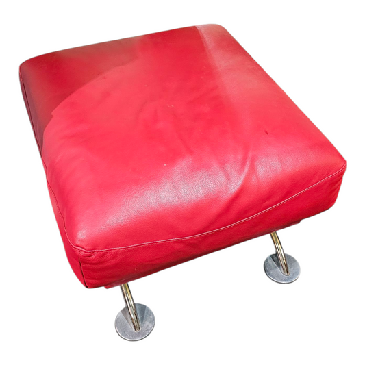 Red Leather Ottoman with Chrome Disc Feet