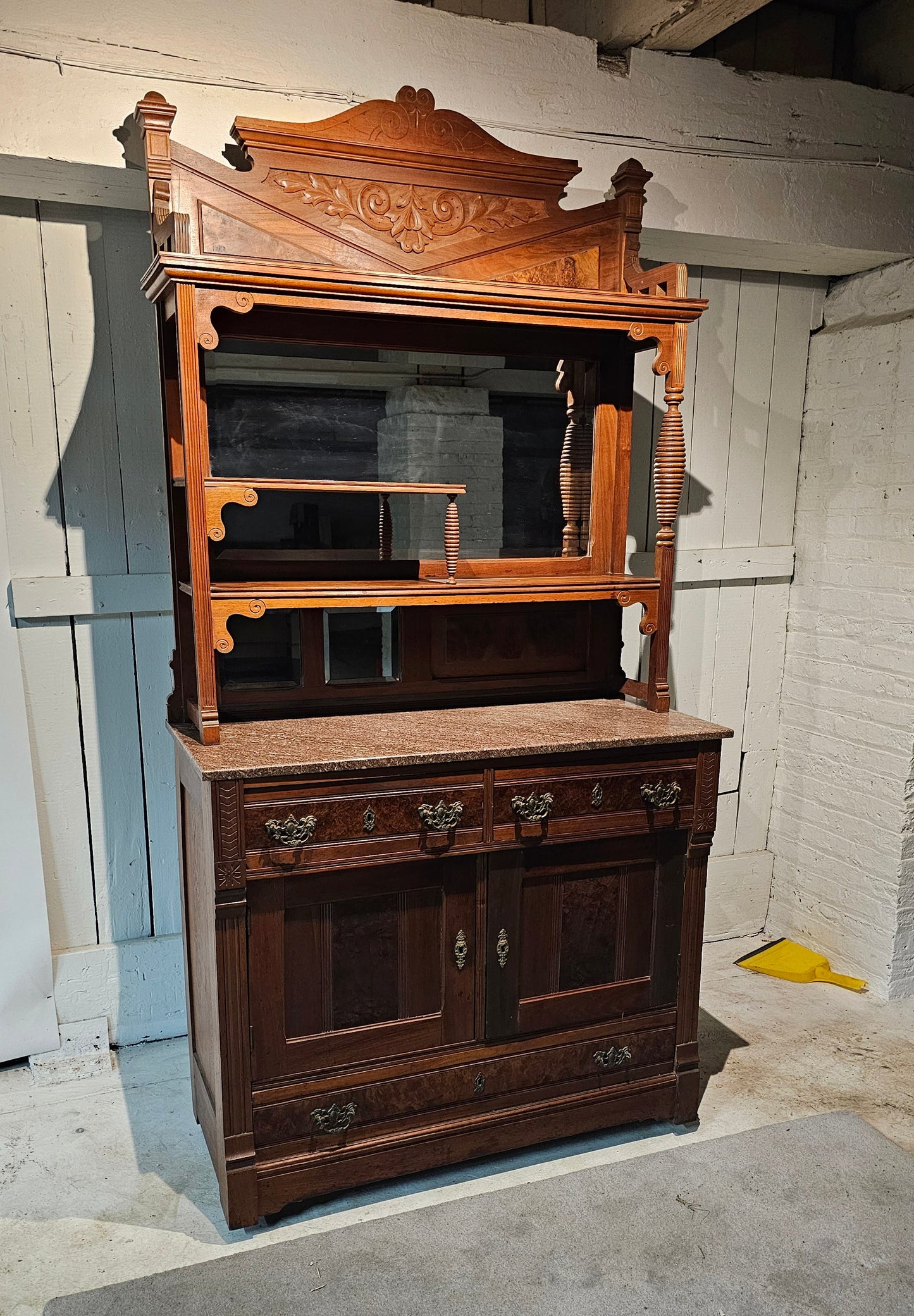 Carved Wood Sideboard with Hutch and Stone Top