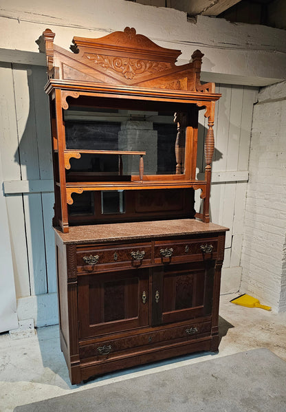 Carved Wood Sideboard with Hutch and Stone Top