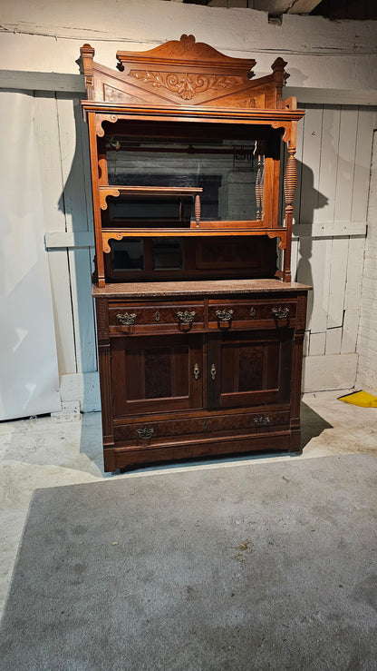 Carved Wood Sideboard with Hutch and Stone Top