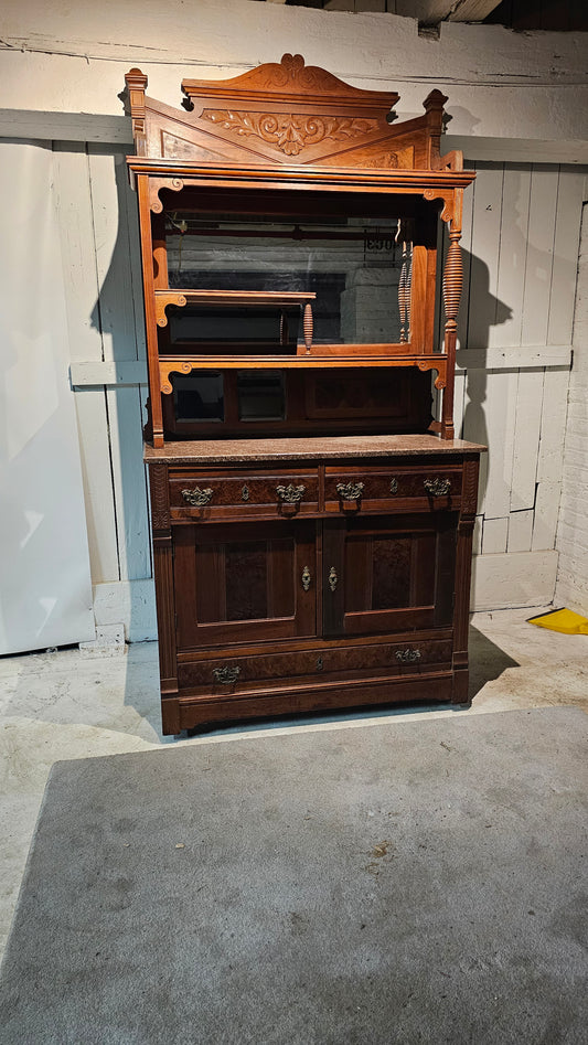 Carved Wood Sideboard with Hutch and Stone Top