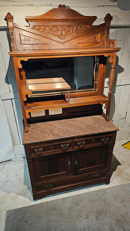 Carved Wood Sideboard with Hutch and Stone Top